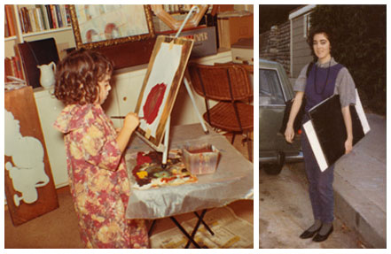 Always an artist. Images of Kristen painting at 5 at an easel wearing a smock and setting off to art school with her portfolio